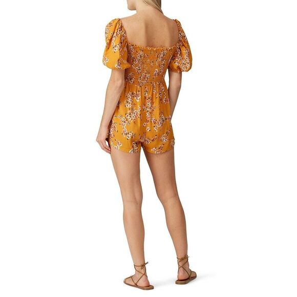 Flynn Skye Justine Romper Women's Small Orange Floral Puff Sleeve Smocked RTR - Picture 2 of 11